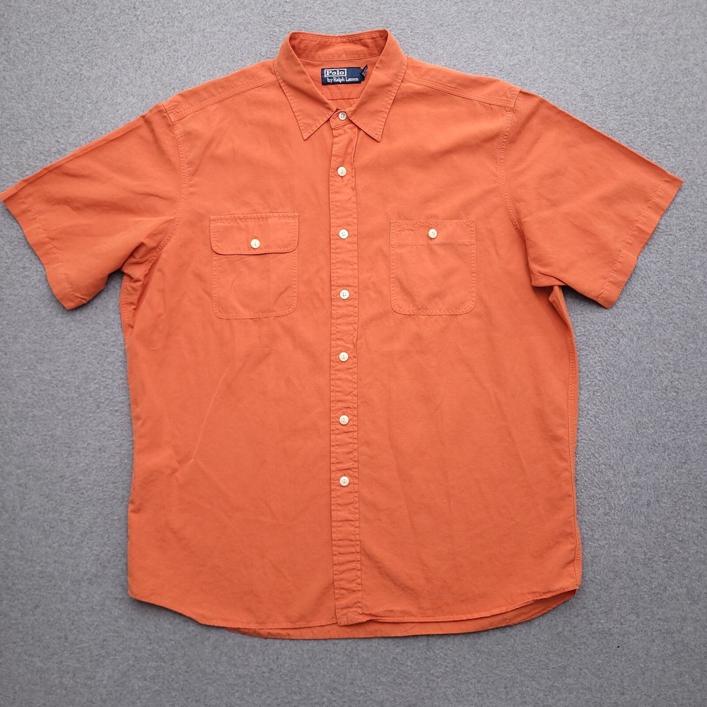 Polo Ralph Lauren Shirt XL Linen Cotton Blend Orange Short Sleeve Pockets Mens